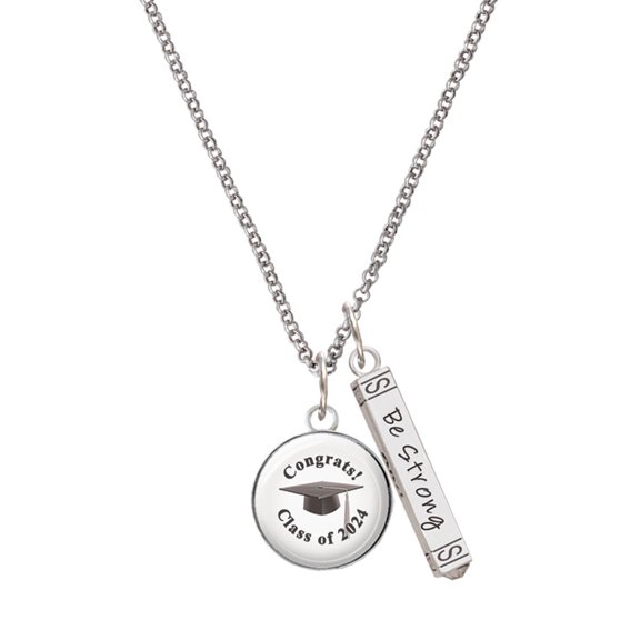 Delight Jewelry Silvertone Domed Class of 2024 Silvertone Be Strong and Courageous Bar Charm Necklace, 23"