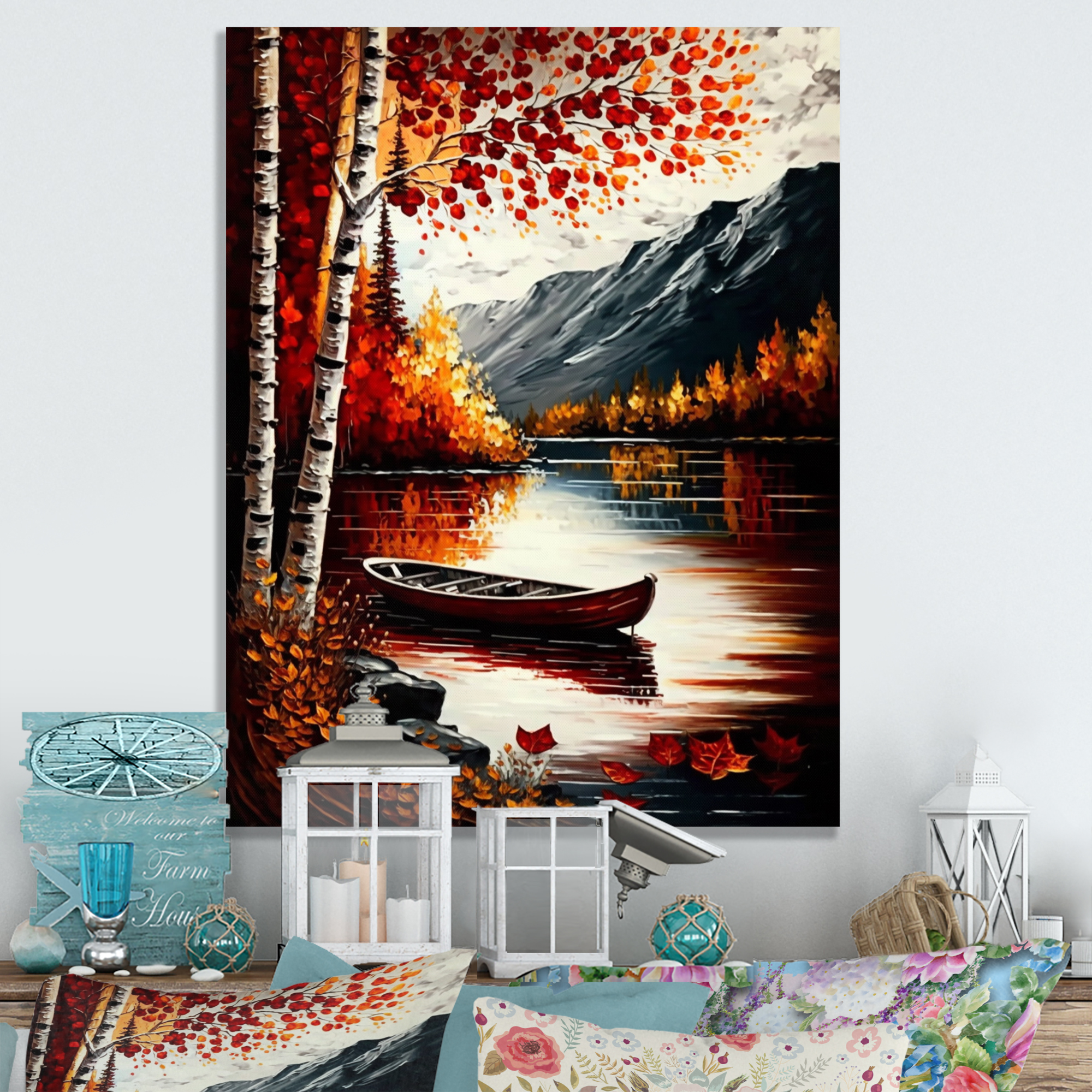 Designart Red And Orange Birch Trees By The Lake IX Canvas Wall Art