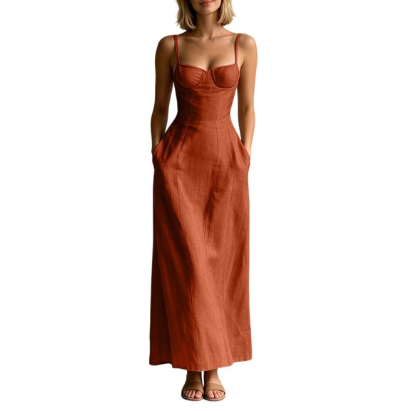ZHOGXU Fashion Womens Bodycon Midi Dresses Solid Color Spaghetti Strap Fitted With Pocket Beach Vacation Outfit