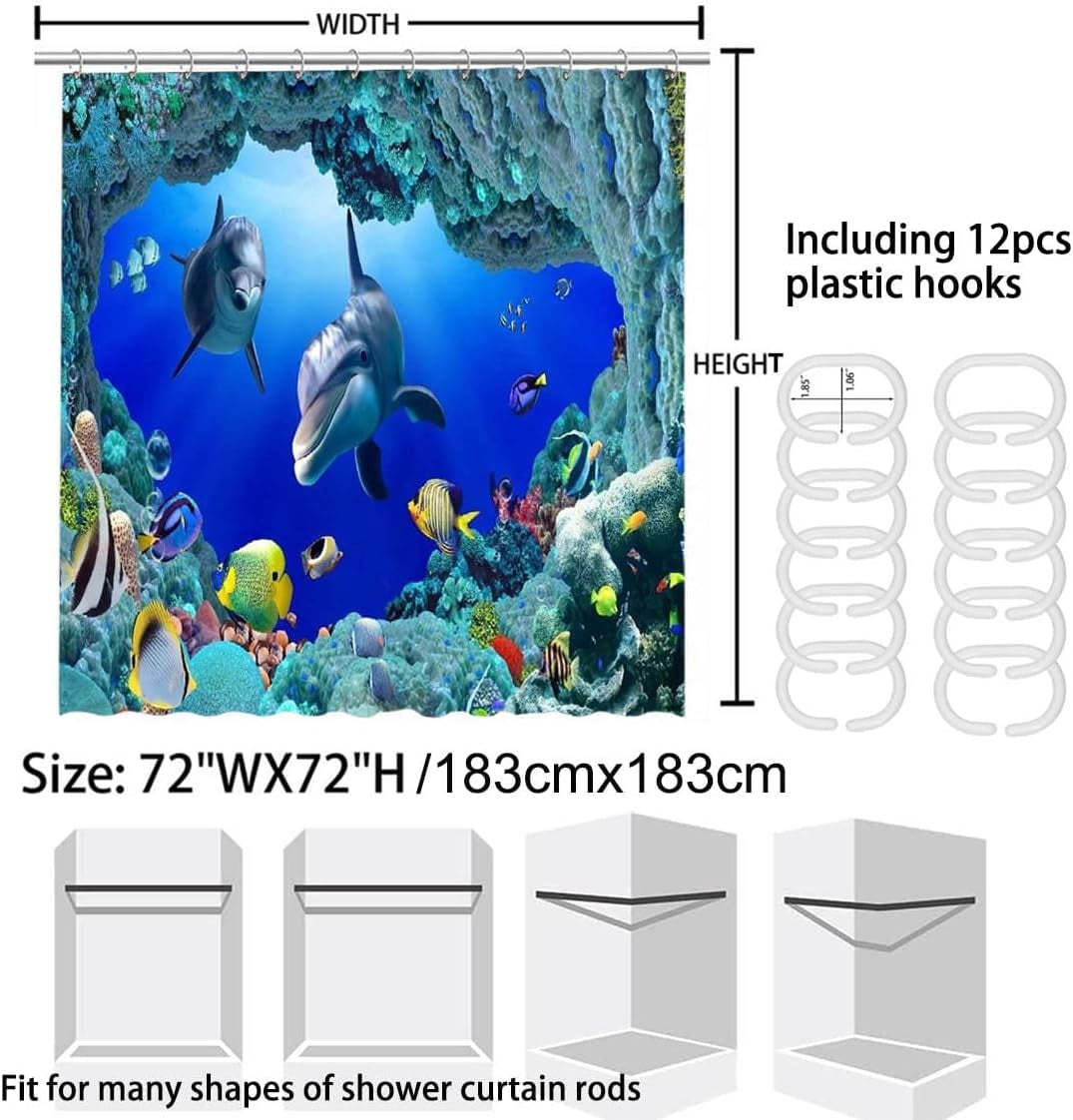 and Fishes Bathroom Sets with Rugs and Accessories Blue Ocean Seaweed Shower Curtains Set Bathroom Sets for Boys and Girls Underwater Sea World Bathroom Sets with Bath Mat