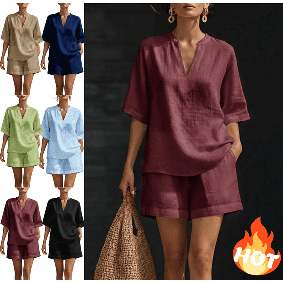 Mifsaly 2 Piece Short Sets for Women Summer Casual Vacation Linen Matching Outfits V Neck Tunic Top and Shorts with Pockets White,L
