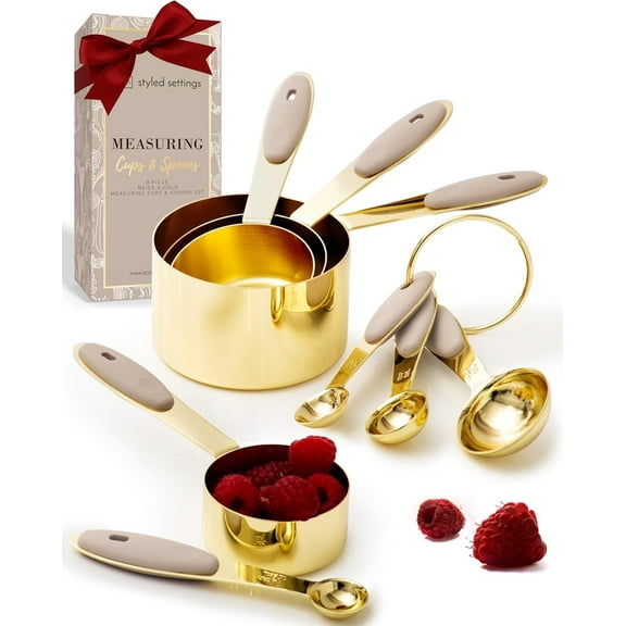8-Piece Gold Measuring Cups and Spoons Set with Beige Silicone Handles, Stainless Steel Kitchen Measuring Set for Baking and Cooking