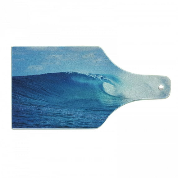 Ocean Cutting Board, Nature Cloudy Summer Sky Wavy Ocean Adventure Surfing Vacation Tourist Picture Print, Tempered Glass Cutting and Serving Board, Wine Bottle Shape, Navy White, by Ambesonne