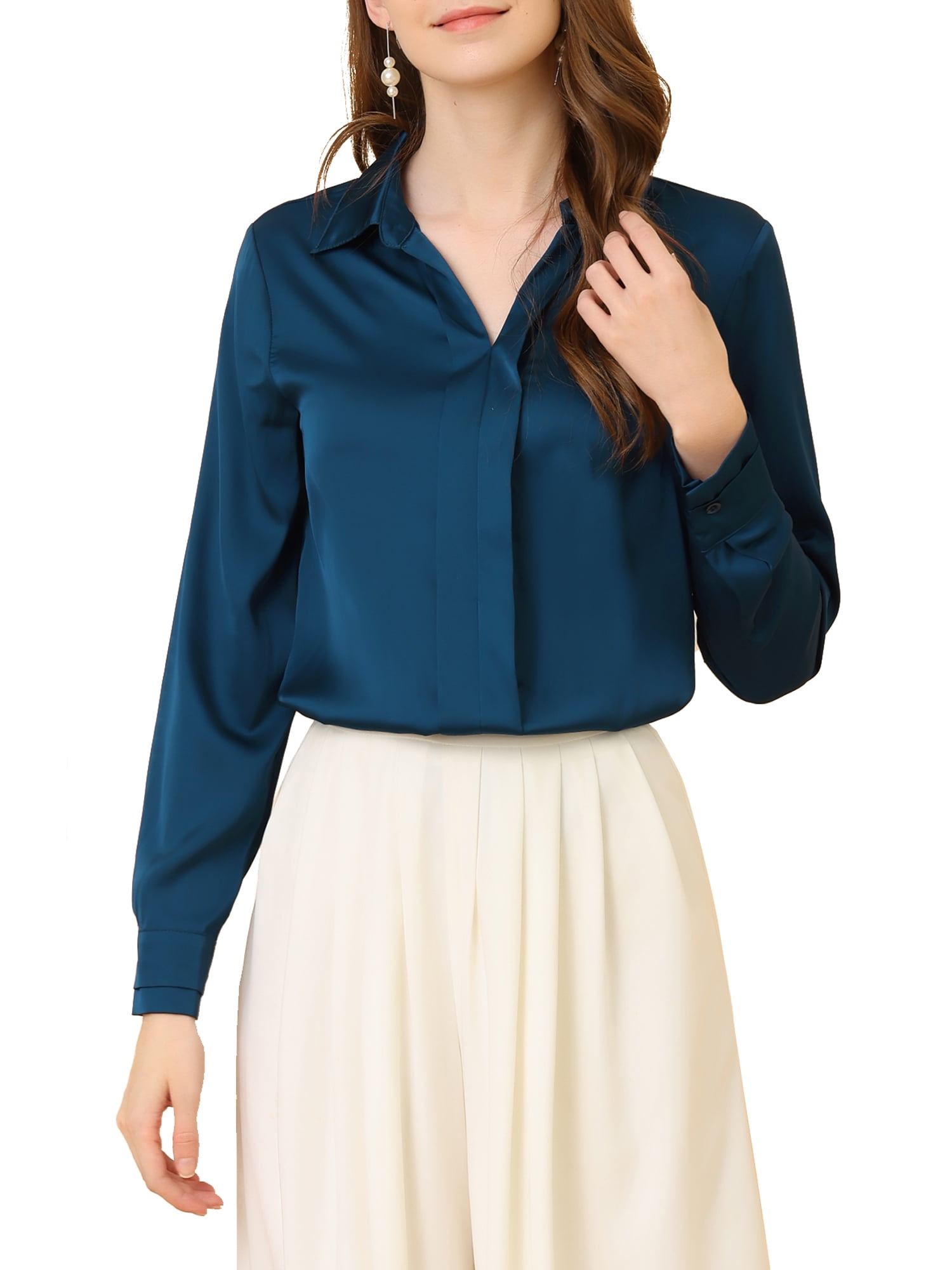 DARING DIVA Women's V Neck Classic Work Office Long Sleeve Shirt S Deep Blue