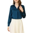 thumbnail image 1 of INSPIRE CHIC Chemises Élégantes pour Femmes Col en V Col Pointu Manches Longues Blouse Satin Lisse TP Bleu Foncé, 1 of 8