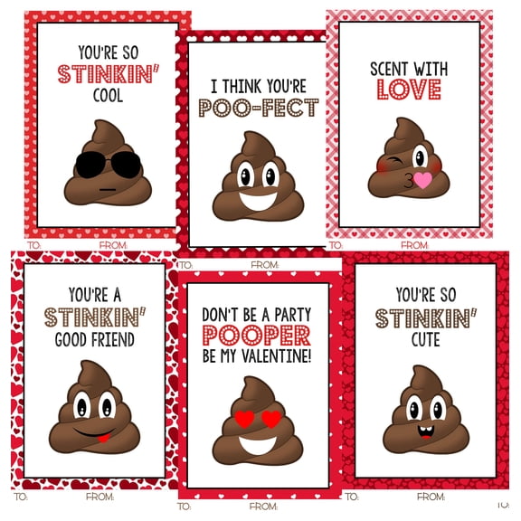 Poop Emoji Funny Themed Valentine Day Classroom Sharing Card Set (24 Included) Class Exchange Kids Valentine's Pack