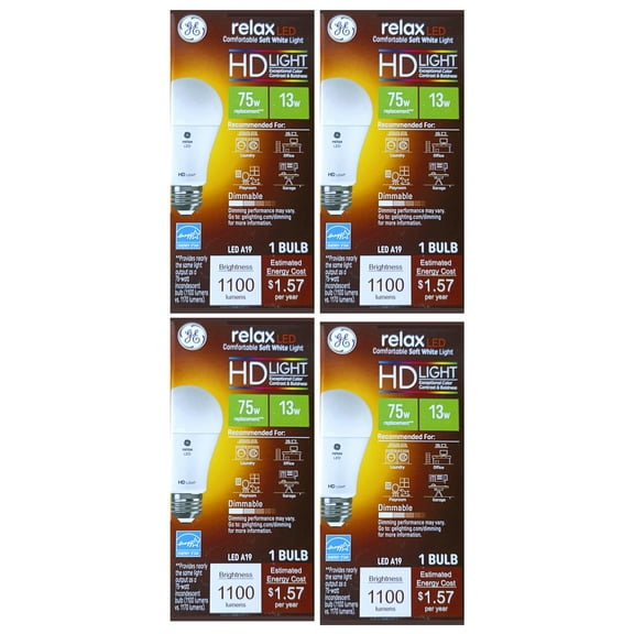 (case of 4) GE relax LED A19 , 75 watt equivalent uses only 13 watts, 1100 lumens, High Definition Light, Comfortable soft white light, medium base, Dimmable LED Light bub