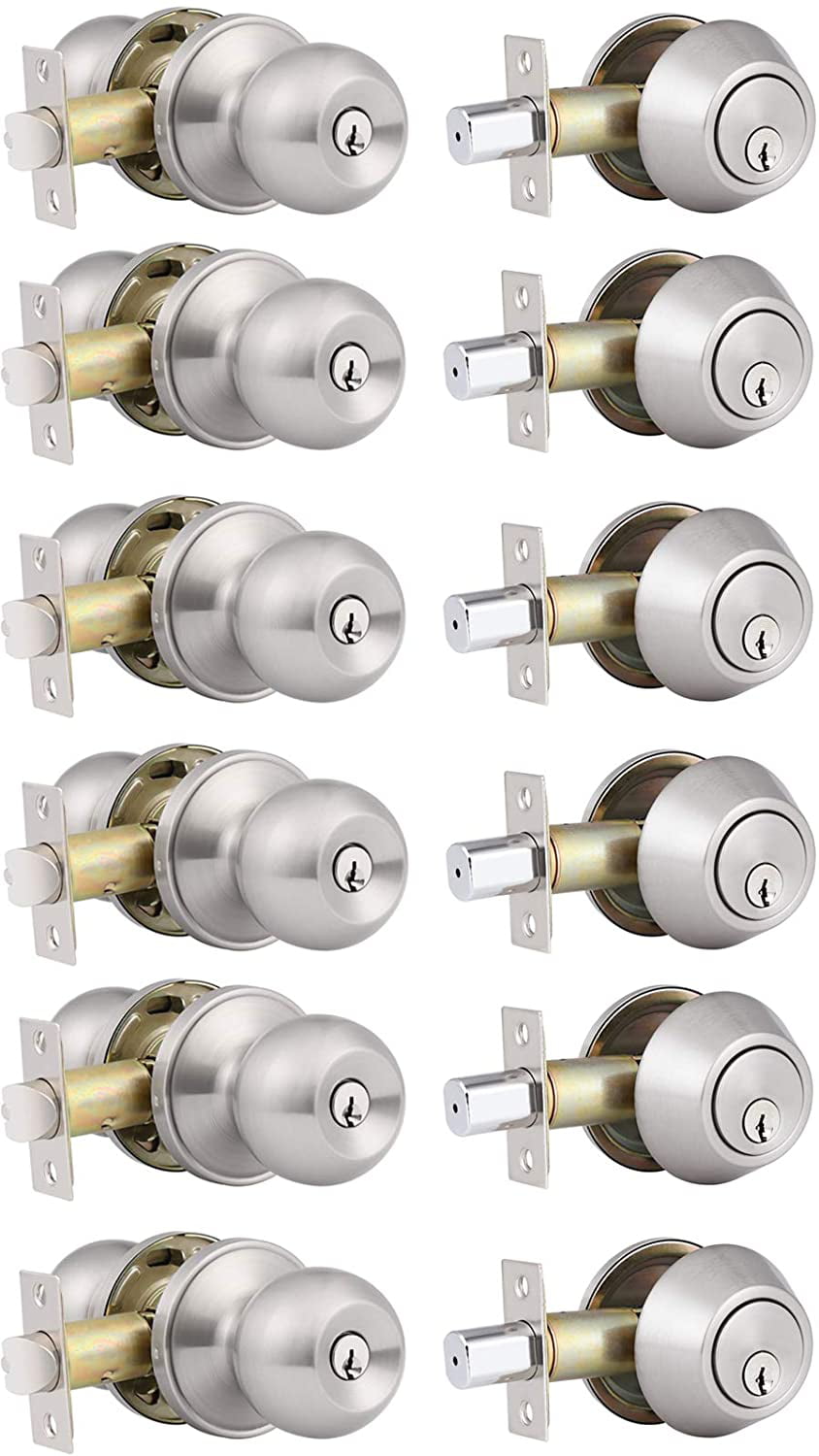 6 Pack Keyed Alike Entry Door Knobs and Single Cylinder Deadbolt Lock Combo Set 