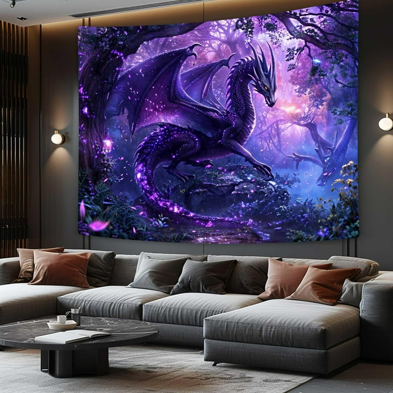 Trippy Purple Dragon Tapestry, Magic Forest for Bedroom Aesthetic