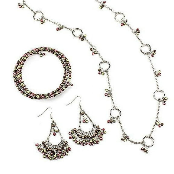 Bohemian Beaded Jewelry Set - Silver Tone Necklace, Wrap Bracelet and Drop Earrings with Faceted Beads Necklace Bracelet Silver