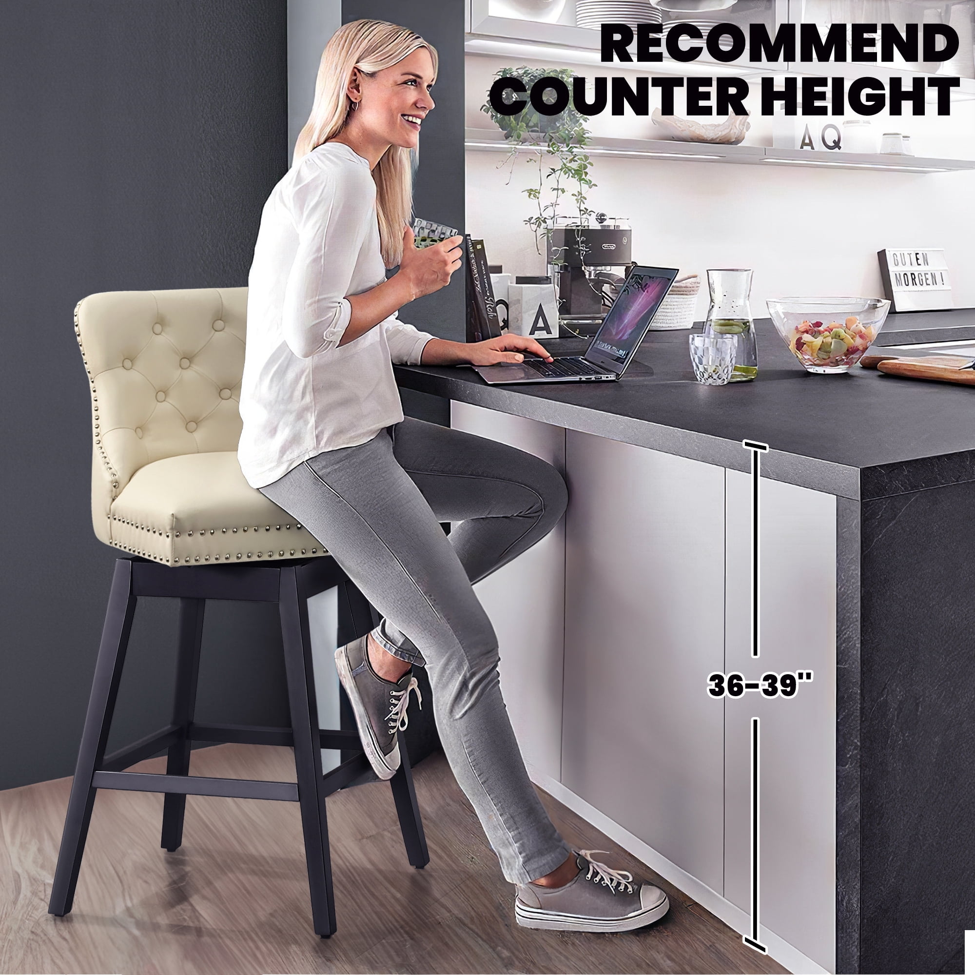 Tewloss 26" Swivel Bar Stools Leather Counter Height Chairs for Home Kitchen Dining, Beige