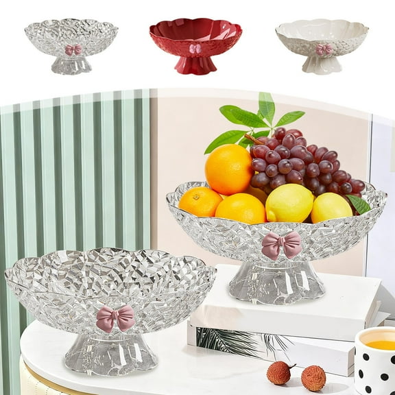 AYktou 10 Inch Serving Trays Fruit Plates, Living Room Table Candy Plates Snack Plates with Bow - Water Ripples Cookies & Candy Tray Detachable Tall Feet Wedding Xmas Daily Placement Plates, Clear