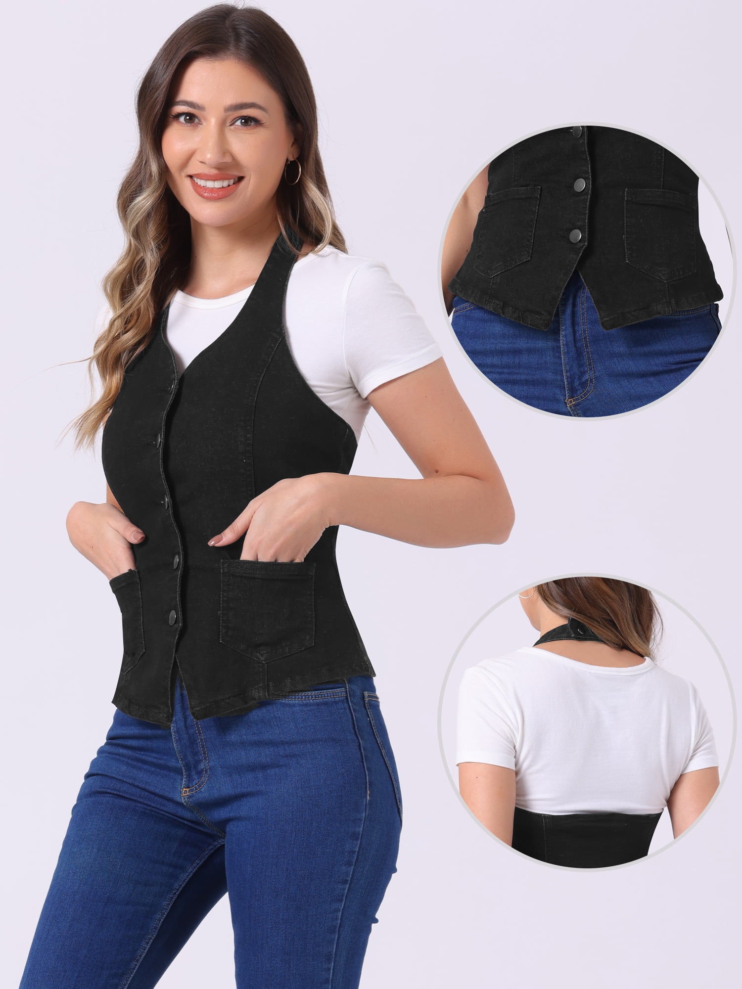 DARING DIVA Women's Halter Neck Button Down Backless Jean Waistcoat XL Black
