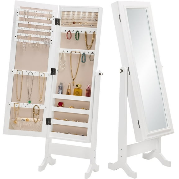 BOUQUETYZ Full-Length LED Mirror Jewelry Cabinet - Standing Armoire with 5-Angle Tilt & Storage, Rubberwood Frame, Easy Assembly - Jewelry Organizer for Women, Bedroom, Closet (White/Black)