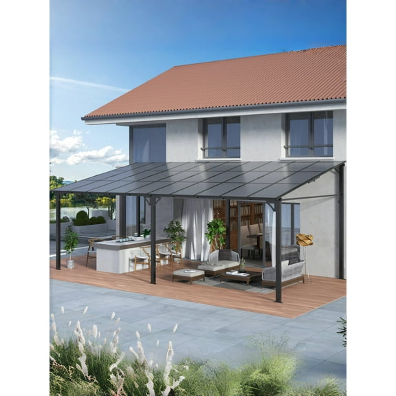 12’ x 20’ Gazebo, Wall Mounted Gazebos Pergola, Aluminum Frame, Outdoor Patio Lean to Gazebo Awnings for Deck, Porch, Backyard and More