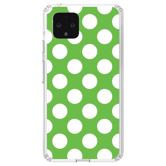 DistinctInk Clear Shockproof Hybrid Case for Google Pixel 4 XL (6.3" Screen) - TPU Bumper, Acrylic Back, Tempered Glass Screen Protector - White & Green Polka Dots