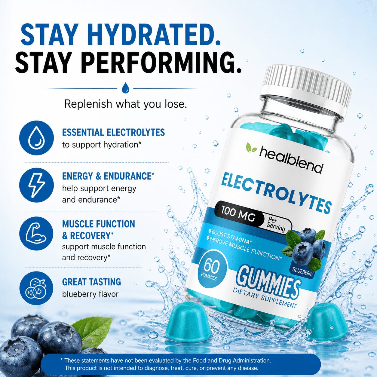 Healblend Electrolyte Gummies, Blueberry Flavor, Hydration Support for Stamina, Muscle Function & Recovery, 60 Count (2 Pack)