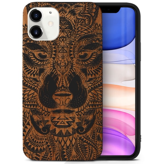 Case Yard Wooden Case for iPhone-12-Mini Soft TPU Silicone cover Slim Fit Shockproof Wood Protective Phone Cover for Girls Boys Men and Women Supports Wireless Charging Wolf Face Full Design