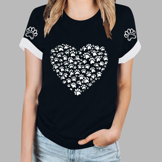 Soki T-Shirt d'Été à Manches Courtes Col Rond Imprimé Patte de Chien Cœur pour Femmes