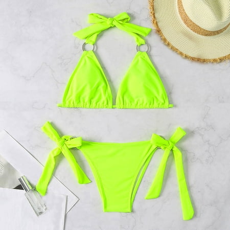 IDALL Bikini Sets Bathing Suit Lady Women Solid Color Push-Up Padded Bra Bikini Beach Set Swimsuit Swimwear Womens Swimsuits Micro Bikini Green M