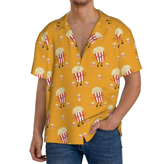 Fotbe Cute Popcorn Camisa Estampada de Manga Corta para Hombre, Casual de Verano, Estilo Playero, Sin Arrugas-Small