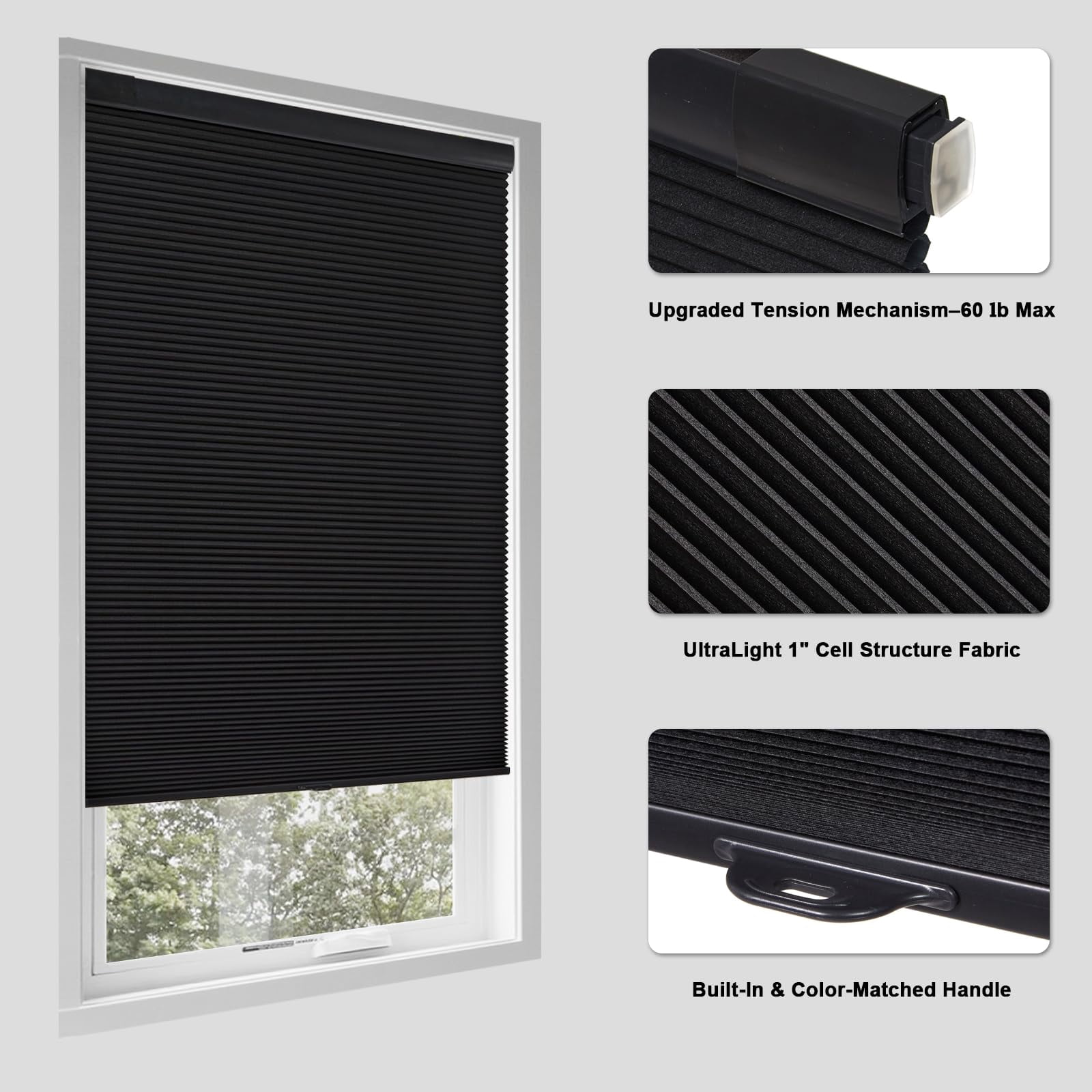 No Drill Cellular Shades For Indoor Windows  Thermal Insulating & Noise Reducing Honeycomb Blinds Free Stop Cordless Blackout Black 18 1/2" W X 64" H
