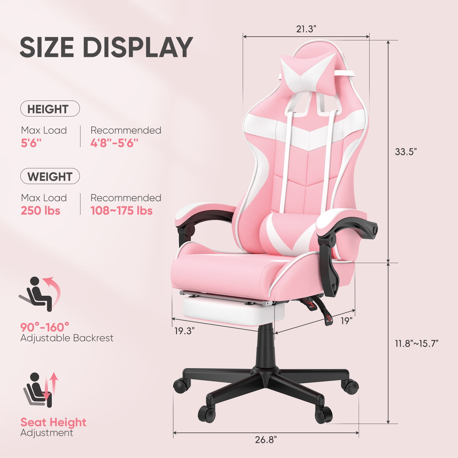SOONTRANS Pink Gaming Chair, Adult Game Gamer with Footrest & Massage Lumbar Pillow , Ergonomic High Back Office Chairs with Bunny Ear, Pink