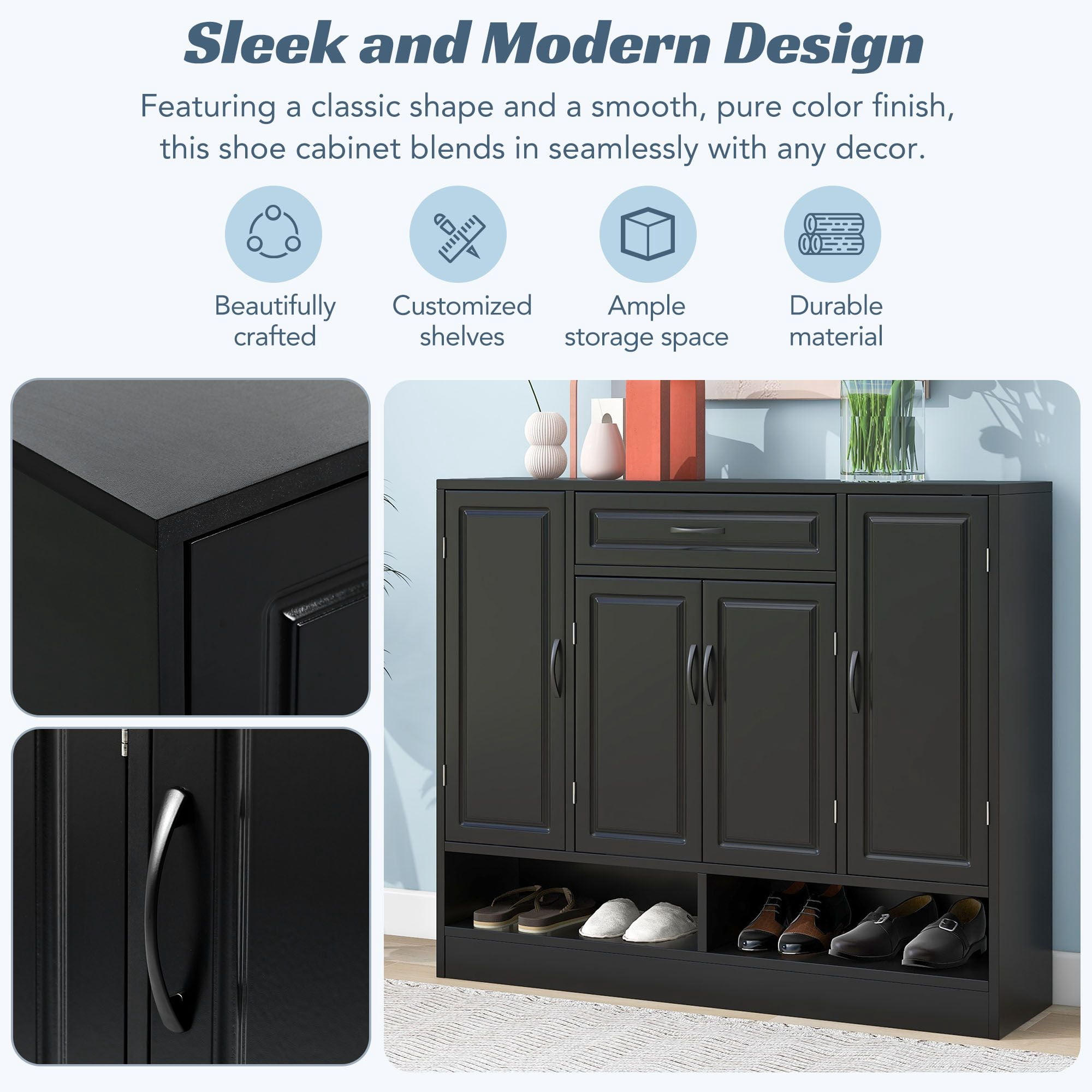 DEALTOPS Modern Minimalist Shoe Cabinet with Ample Storage Space and Adjustable Shelves, Freestanding Wooden Shoe Rack for Entryway - Black