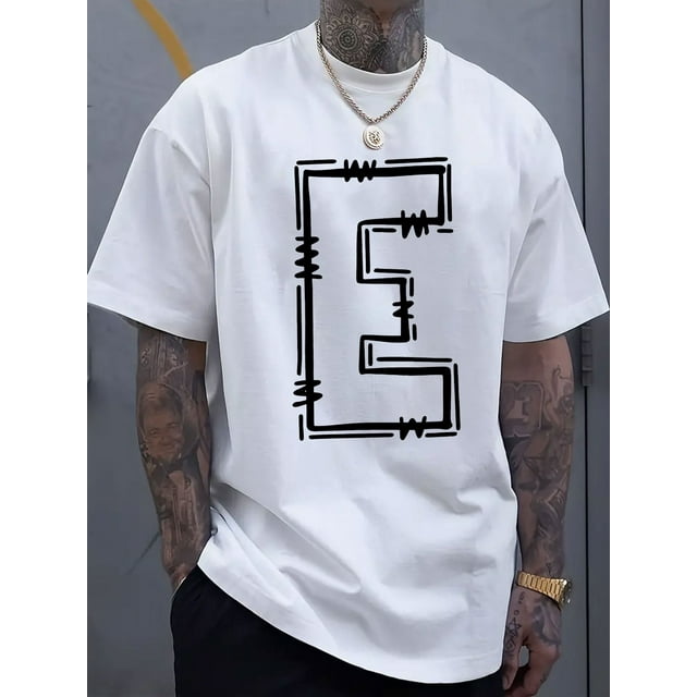 Simple and stylish E-letter printed men's round neck short sleeved T-shirt, comfortable and breathable casual sports top suitable for spring and summer vacation leisure