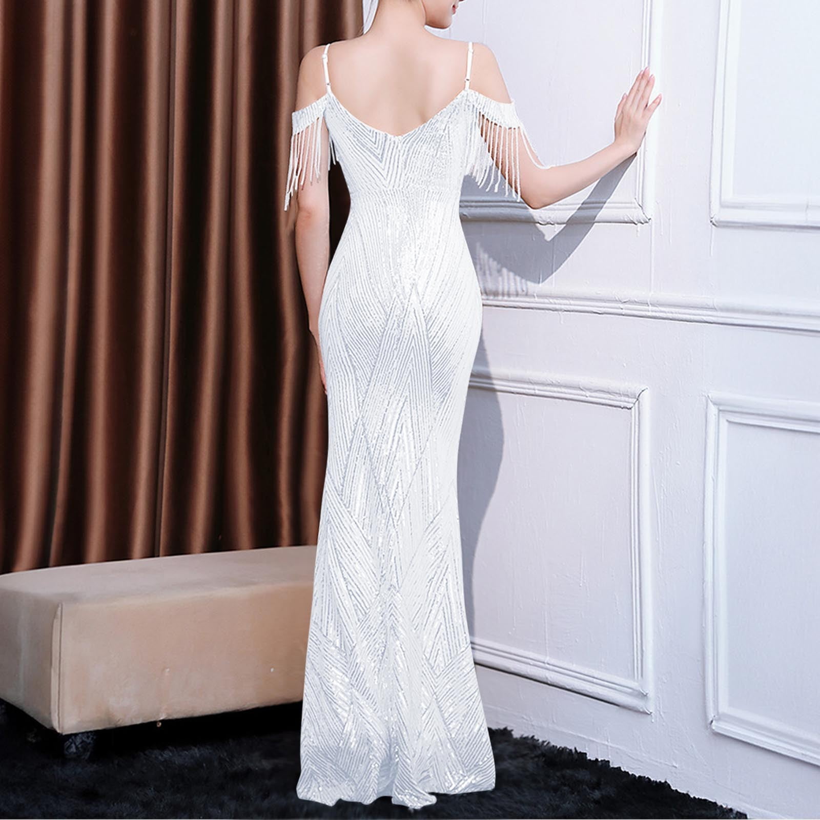 Maxi Dresses for Women Women's V Neck Sequin Formal Evening Dress Tassel Cold Sleeve Long Gown Retro Party Maxi Mermaid Dress S-6 White XL