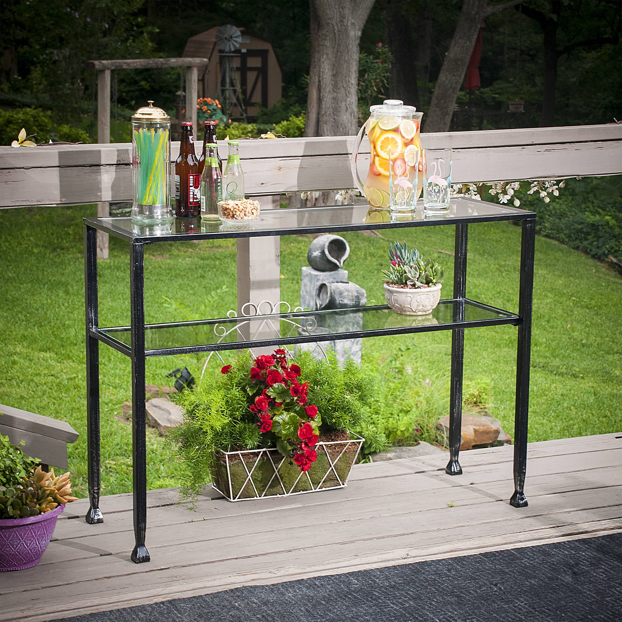 Southern Enterprises Cedella Metal/Glass Outdoor Console Table, Brushed