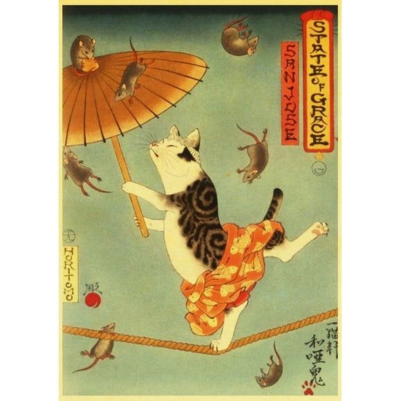Hot Japanese Samurai Cat Ramen Nostalgia Poster Home Decor Art Decor Hight Quality Cartoon Painting Animal Poster Wall Stickers