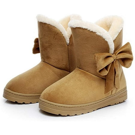 

Women s Cute Bowknot Flat Snow Ankle Booties Warm Fur Round Toe Non-Slip Low Cut Winter Short Boots