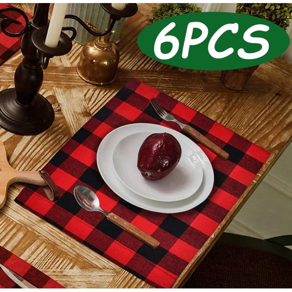 Set of 6 Christmas Placemats Red Black Buffalo Check Placemats Plaid Placemats Set for Christmas Holiday Farmhouse Table Home Decoration 6Pcs
