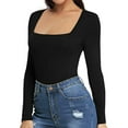 thumbnail image 3 of Bodysuit For Women Tummy Control Low-Neck Long Sleeve Tops Shorts Jumpsuits For Women Summer Black XXL, 3 of 5