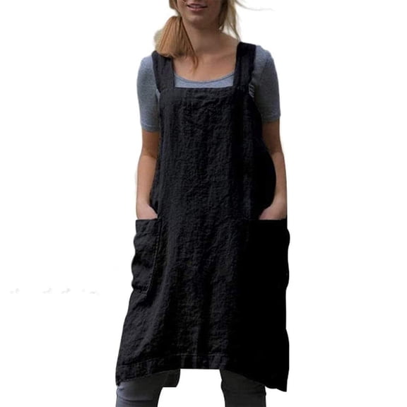 Pinafore Apron Cross Back Apron With Pockets Cotton Linen Apron Dress Plus Size - black