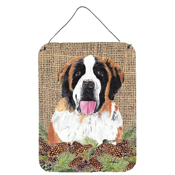 Saint Bernard Faux Burlap and Pine cones Wall or Door Hanging Prints