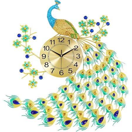 Wall Clocks for Living Room Decor Large Peacock Wall Clock Crystal Decor,3D Metal Creative Luxury Peacock Leaf Design,with Silent Movement Wall Clocks for Home Wall Decor Clock (27.56*25.59)
