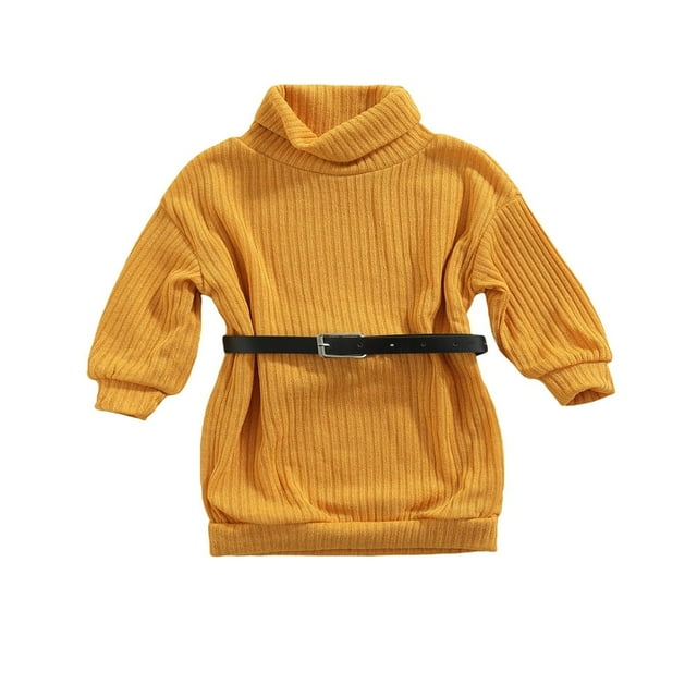 Robe Chandail pour Bébés Filles Hiver Automne Col Roulé Manches Longues Tricotée avec Ceinture Verte 6-7 Ans