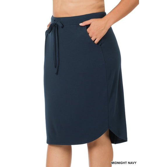 Women & Plus Elastic Waist Self-Tie Knee Length Tulip Hem Midi Skirt with Side Pockets