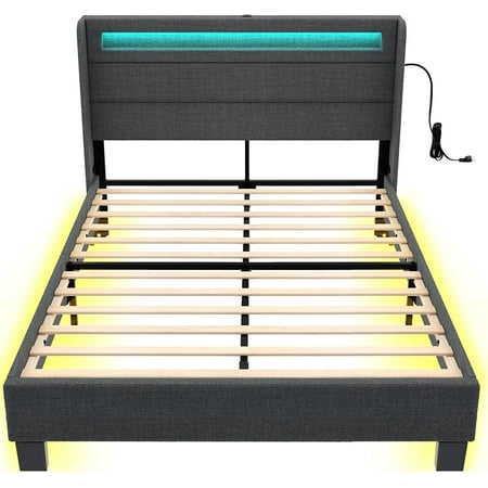 

YCH Bed Frame Queen Size with Headboard Upholstered Platform Bed Frame Queen with LED Lights and USB Ports Motion Activated Night Light & Solid Wood Slats No Box Spring Needed Dar