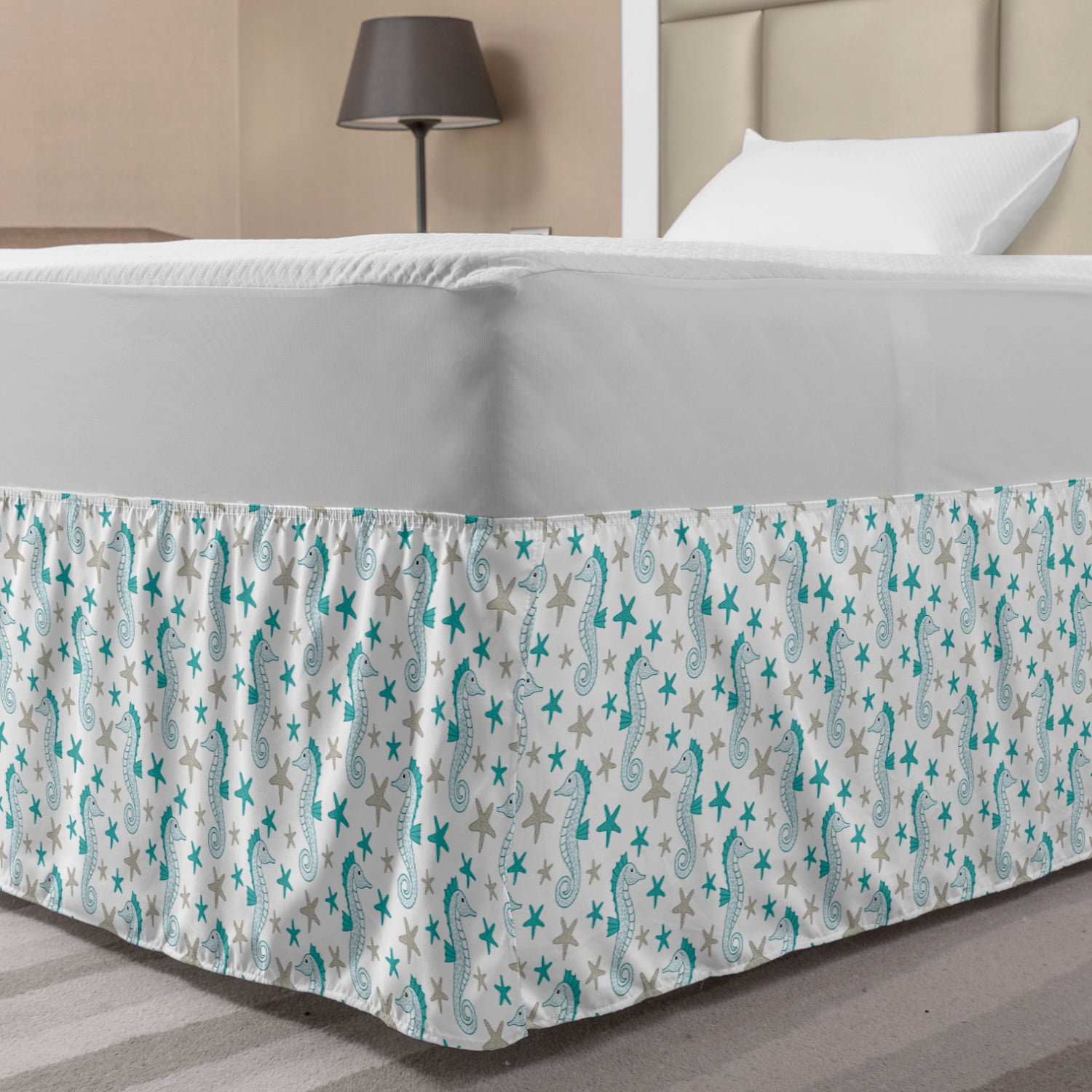 Nautical Bed Skirt, Underwater Themed Pattern of Seahorses and Starfish