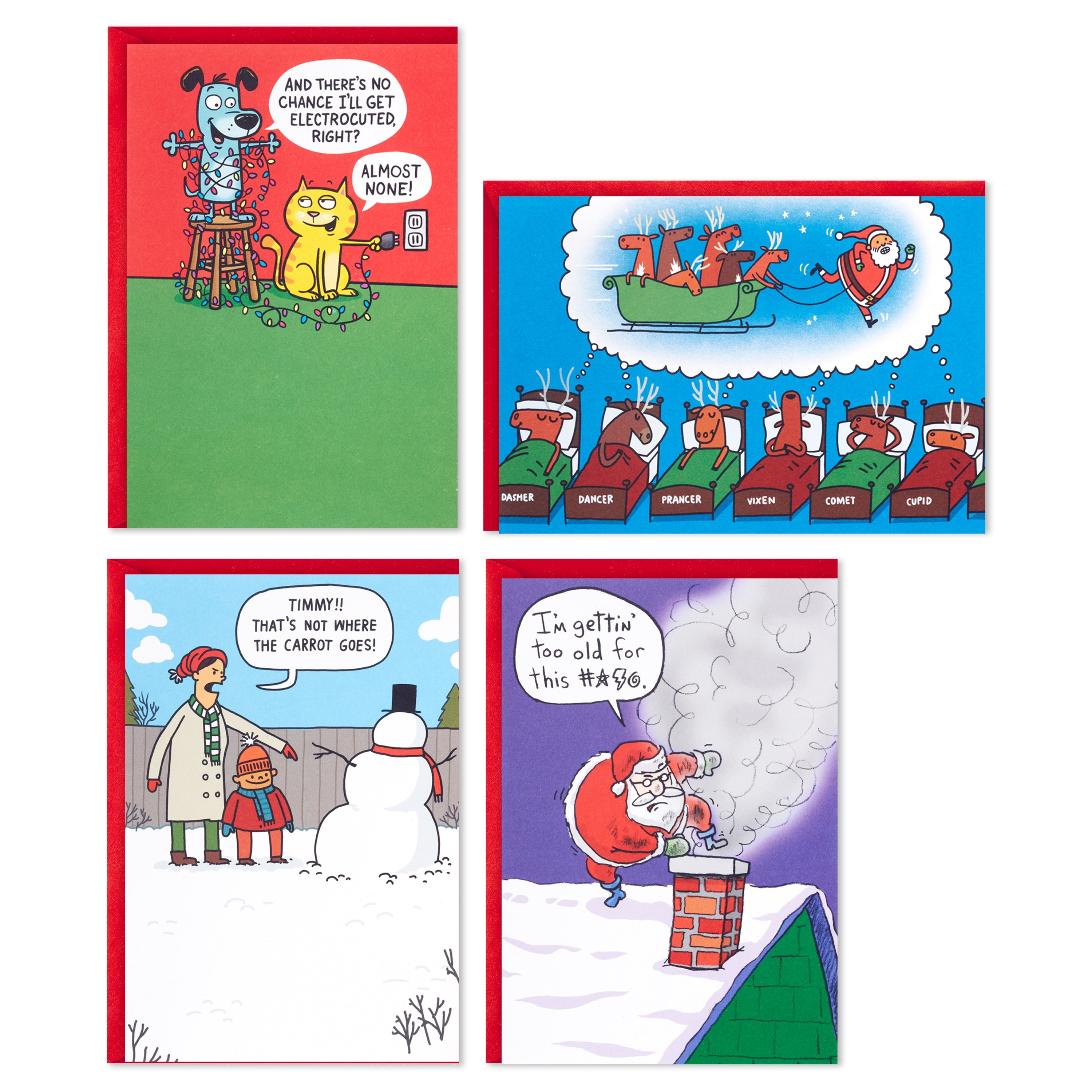 4 Designs, 24 Christmas Cards with Envelopes Hallmark Shoebox Funny Boxed Christmas Cards Assortment Festive Cartoons 