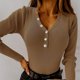 thumbnail image 3 of Moda mujer Color sólido manga larga botones transpirable cuello pico camisa Tops Fridja  hj4846, 3 of 9