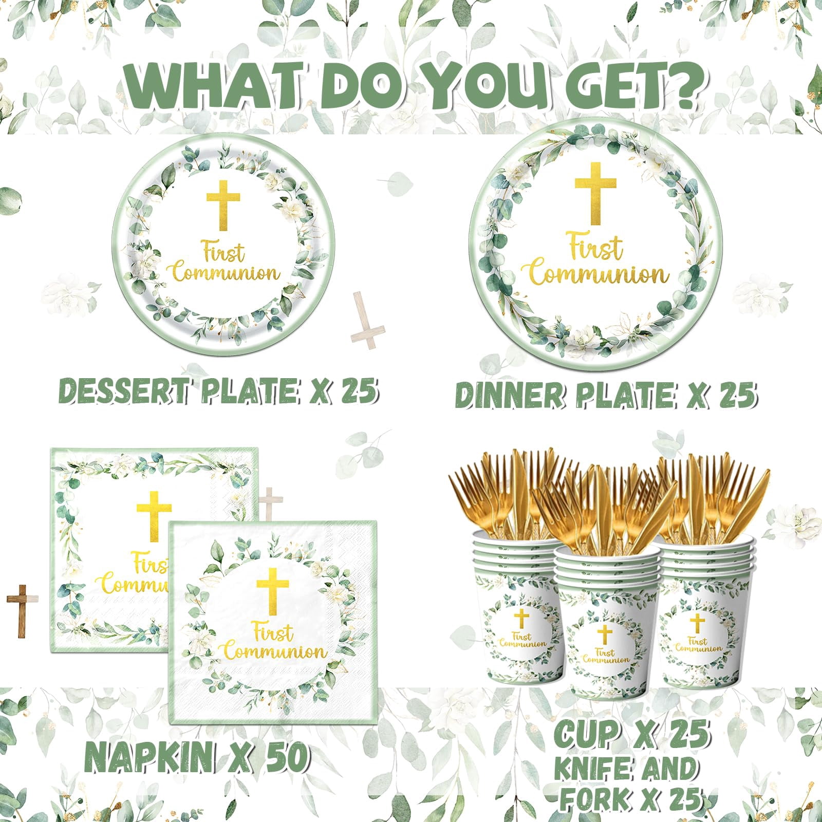Communion Decorations – Includes 9" & 7" Plates, Napkins, Cups, Cutlery, Serves 25, for First Holy Communion, Baptism, Primera Comunion Party, Available in Pink, Blue, or Green