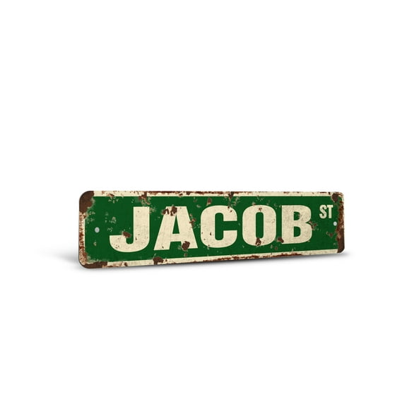JACOB Vintage Style Rustic Street Sign – Childrens Name Room Sign Retro Decorative Wall Sign for Home, Bar, Garage, or Outdoor Use | 6" X 24" Aluminum Metal Road Sign