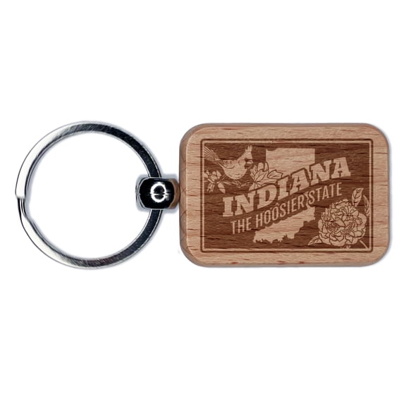 Indiana Hoosier Peony Cardinal Tulip Tree United States Rectangle Keychain Charm Tag - Engraved Wood