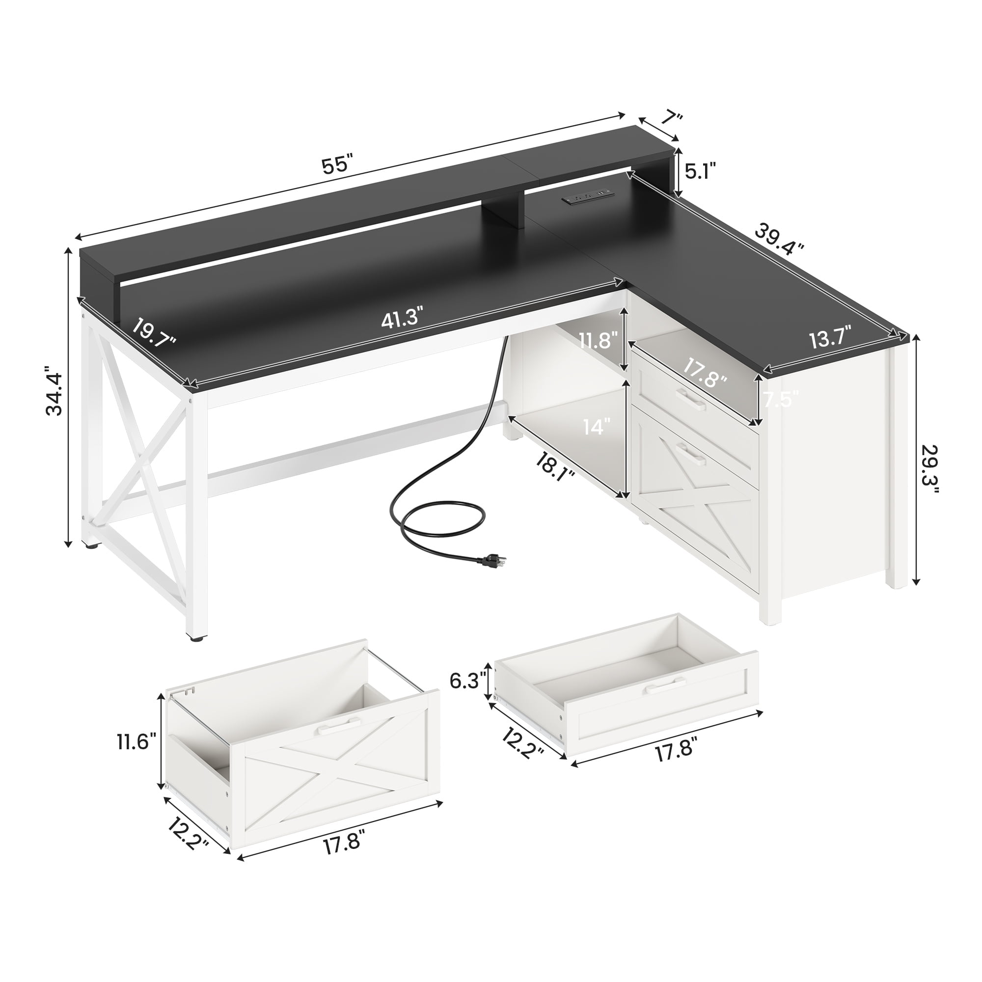 Farmhouse L Shaped Computer Desk with Drawers and Storage Shelves, 55" L Shaped Gaming Desk with LED Lights, Home Office Desk