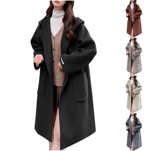 Hueook Winter Womens Warm Coat Hooded Jacket Women's Casual Hooded Solid Wool Coat Long Sleeve Hooded Casual Coat/jacket Gray S