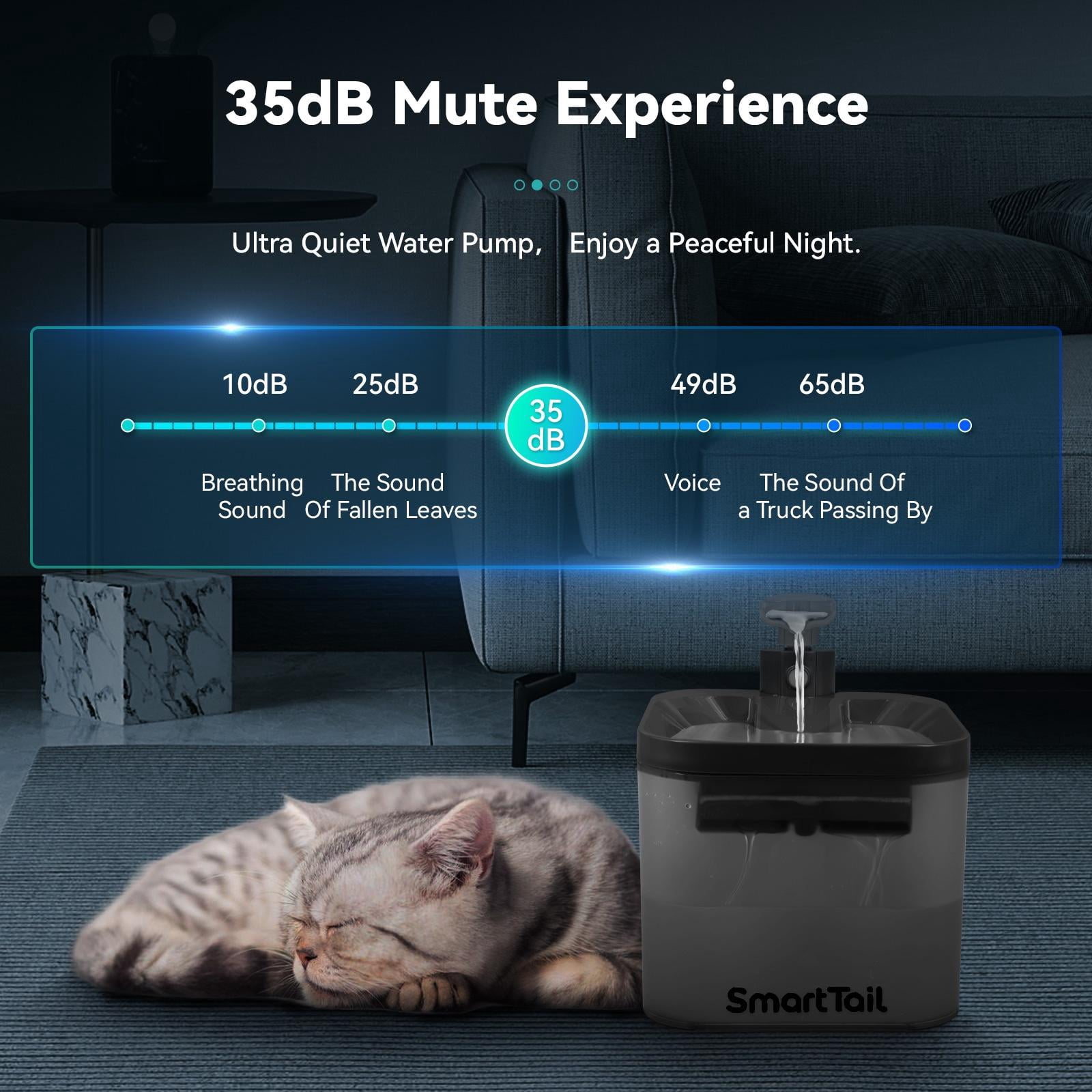 Smart Tail Cat Water Fountain, Wireless Cat Fountain for Drinking- 74.4oz/2.2L Battery Operated Quiet Cat Water Bowl Dispenser for Cats, Dogs, Multiple Pets (Black)